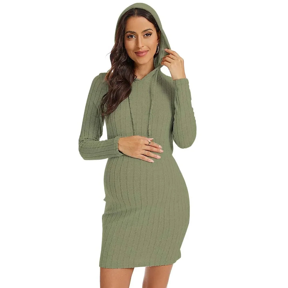 Pregnancy Dresses Relaxation Maternity Clothing Autumn Solid Color Knit Hoodie Daily Dress Close-fitting Skirt Women Clothes