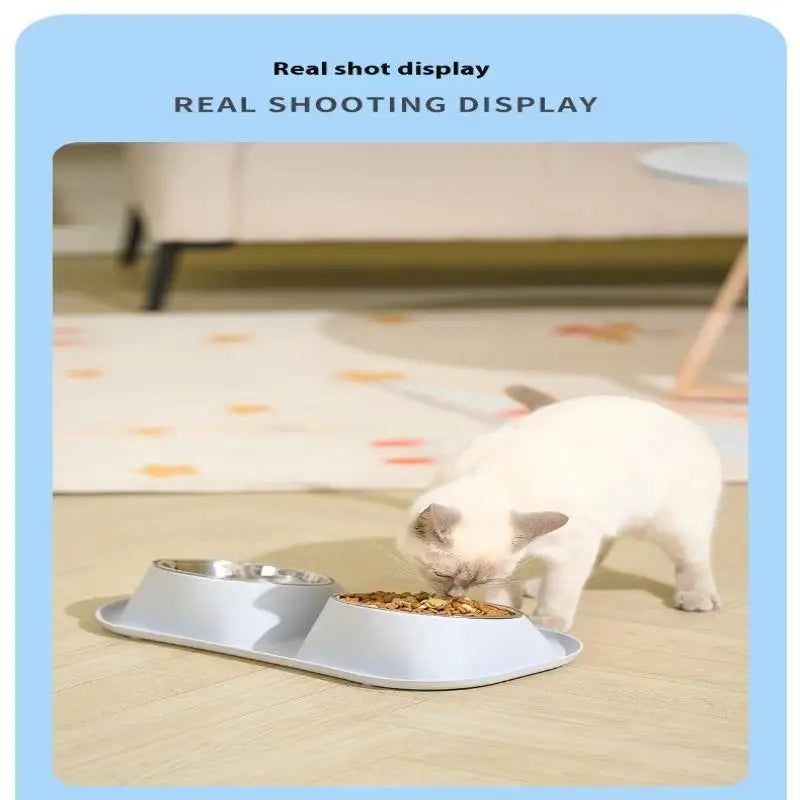 1pc Stainless Steel Double Cat Dog Bowl Cat Food Container Non-slip Base Pet Water Feeder Tilt Safeguard Neck Puppy Cats Bowls