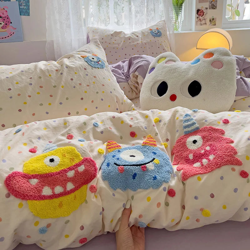 Cartoon Animal Embroidery Bedding Set For Adults Kids Cute Flat Fitted Sheet With Pillowcases Washed Cotton Colorful Full Size