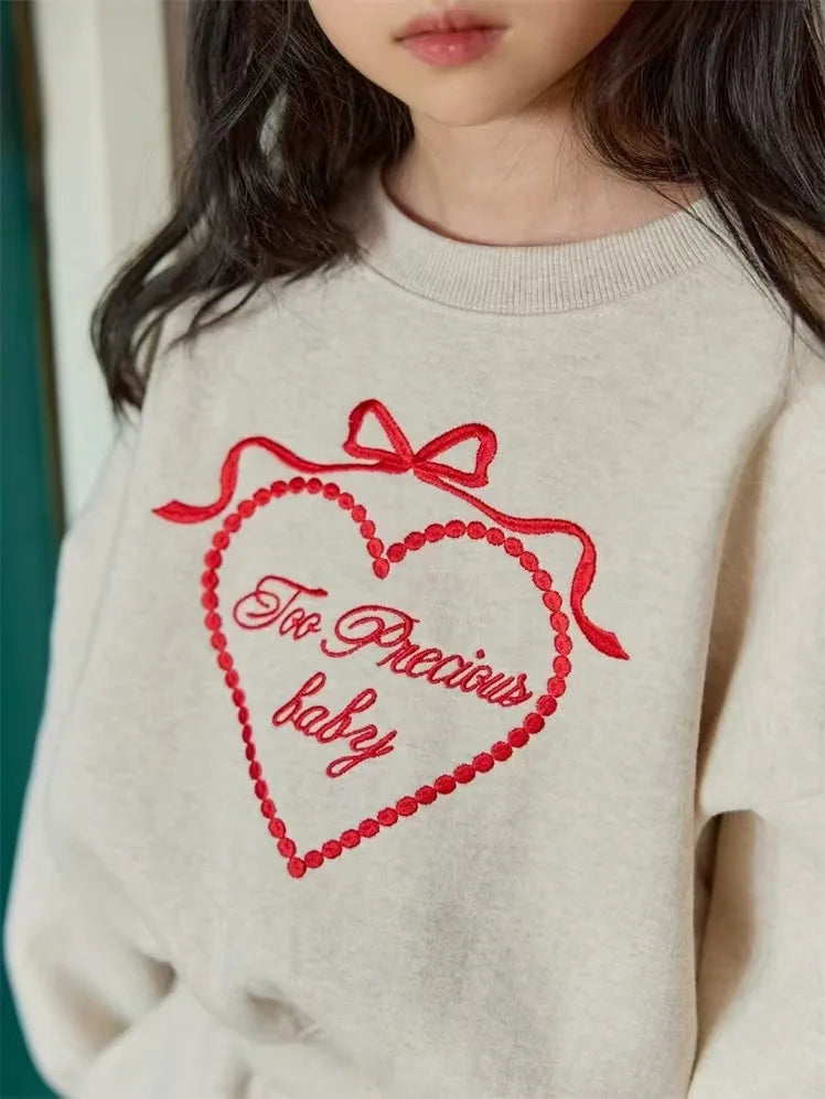 2025 Spring New Children Long Sleeve Clothes Set Baby Girls Heart Embroidery Sweatshirt + Pants 2pcs Suit Kids Sports Outfits