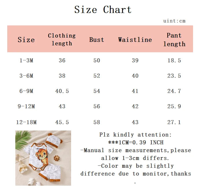 3Pcs Baby Boy Summer Set Cartoon Lion Full Print Top, Pants, Hat Fashion Set 0-18 Months Newborn Baby Boy