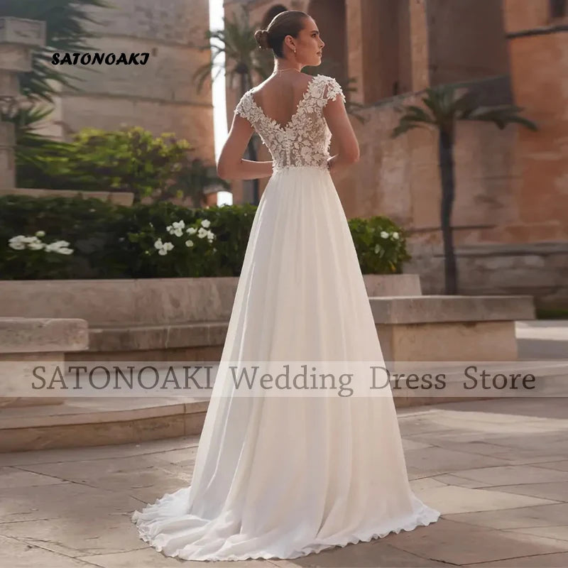 Customized Elegant Simple V-Neck Lace Chiffon Wedding Dress for Women Cap Sleeve Backless Appliques Bride Gown Vestidos De Novia