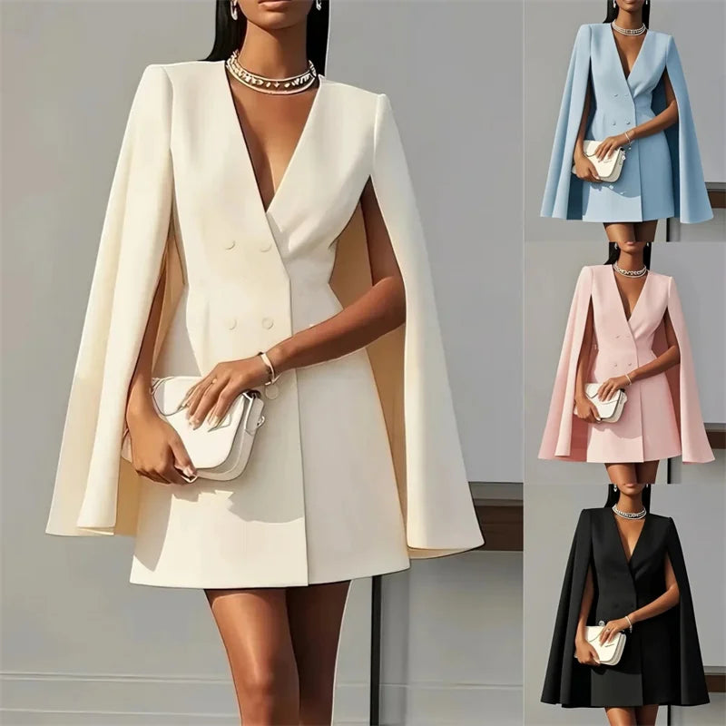 2025 Autumn Solid Color Blazer Dresses Woman Double Breasted Decoration A-Line Office Dress Lady Elegant Party Shawl Cape Dress