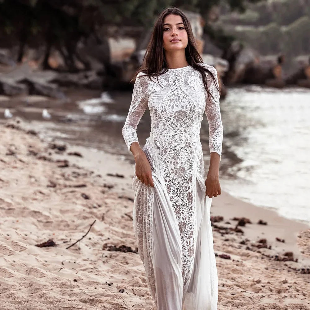2025 Spring New Women's Celebrity Banquet Wedding Dress Crew Neck Long Sleeve Printed Halter Lace Dress