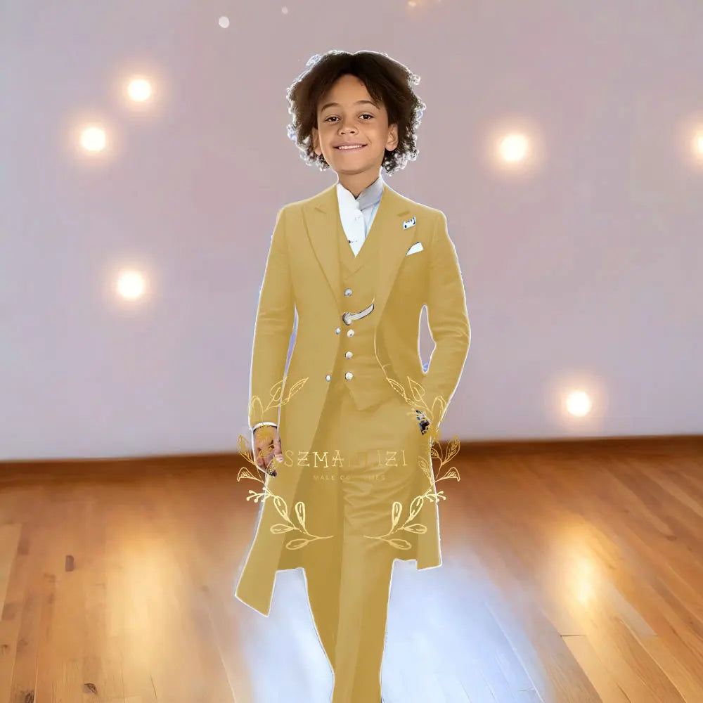 Children Formal Tuxedos Boys Suit Light Grey Long Jacket Vest Pants Sets for Piano Performance Birthday Party Costume Tailored