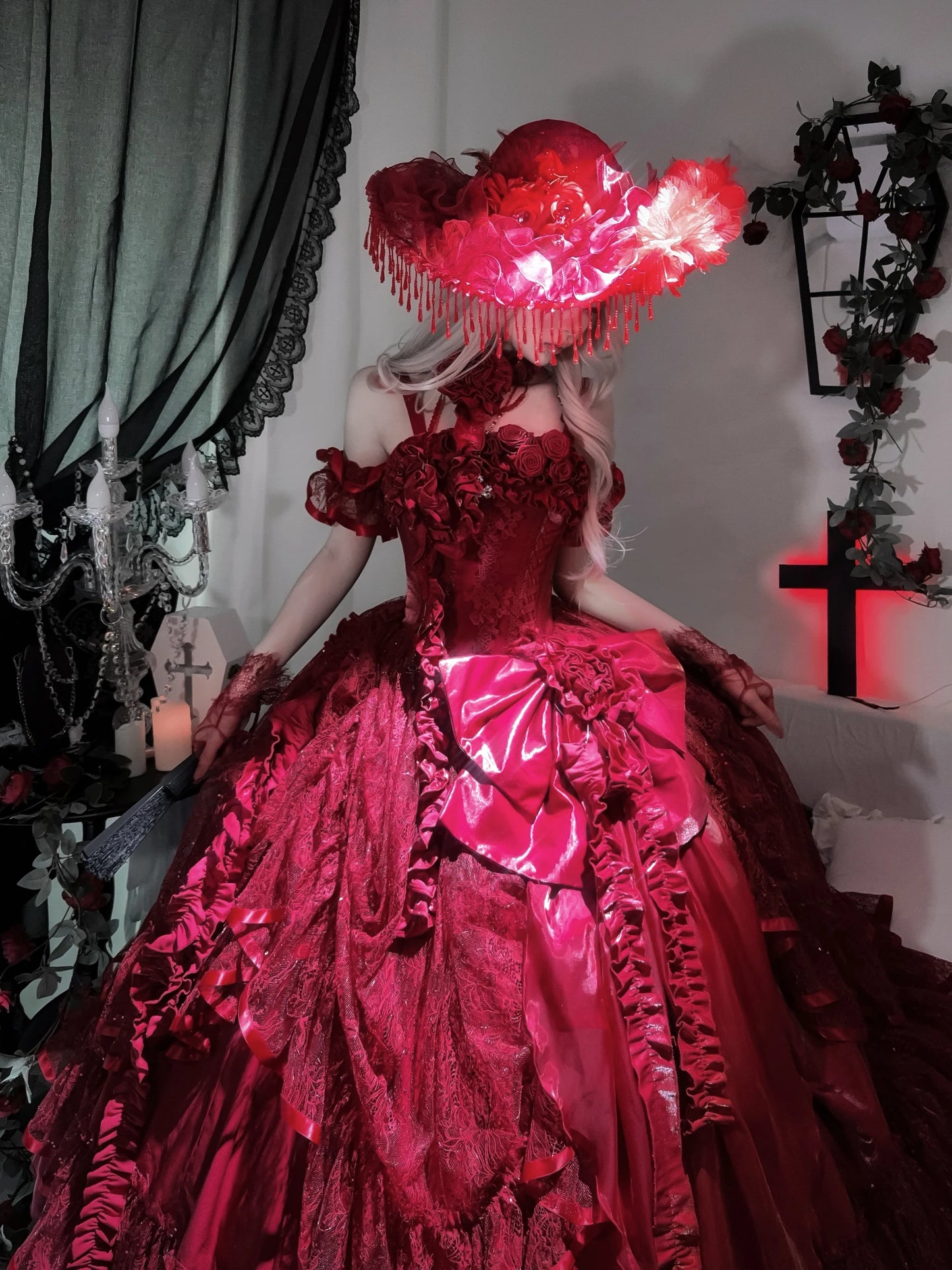 Original Burgundy Fish Bone Flower Wedding Dress Lolita Girl Women's Fairy Lace Bow Slim Maxi Long Party Birthday Dresses