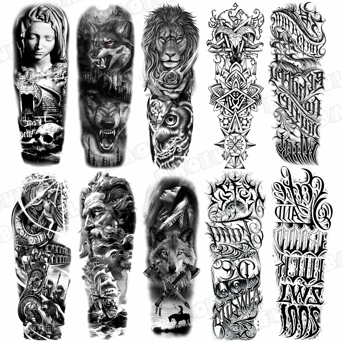 BAOFUL Full Arm Sleeve Temporary Tattoos For Women Men Realistic Wolf Lion Warrior Maori Fake Tattoo Stickers Thigh Leg Tatoos