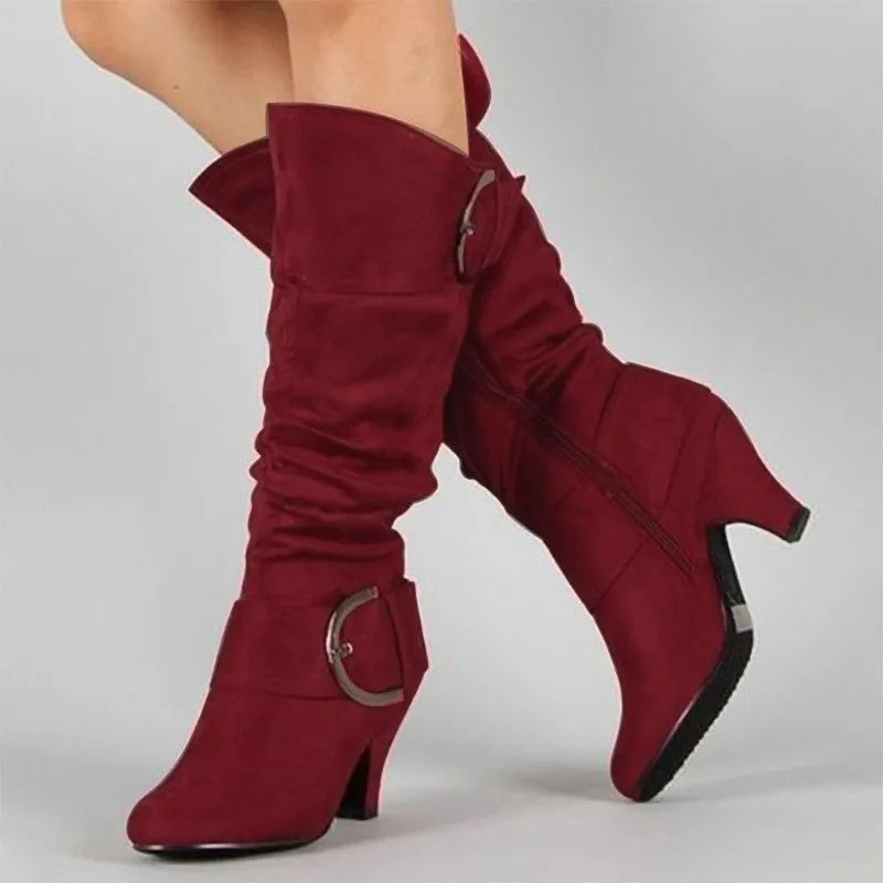 Women's Boots Mid Calf New Fashionable Bohemian Boots Square Heel European and American Belt Buckle Metal Decoration Women Shoes