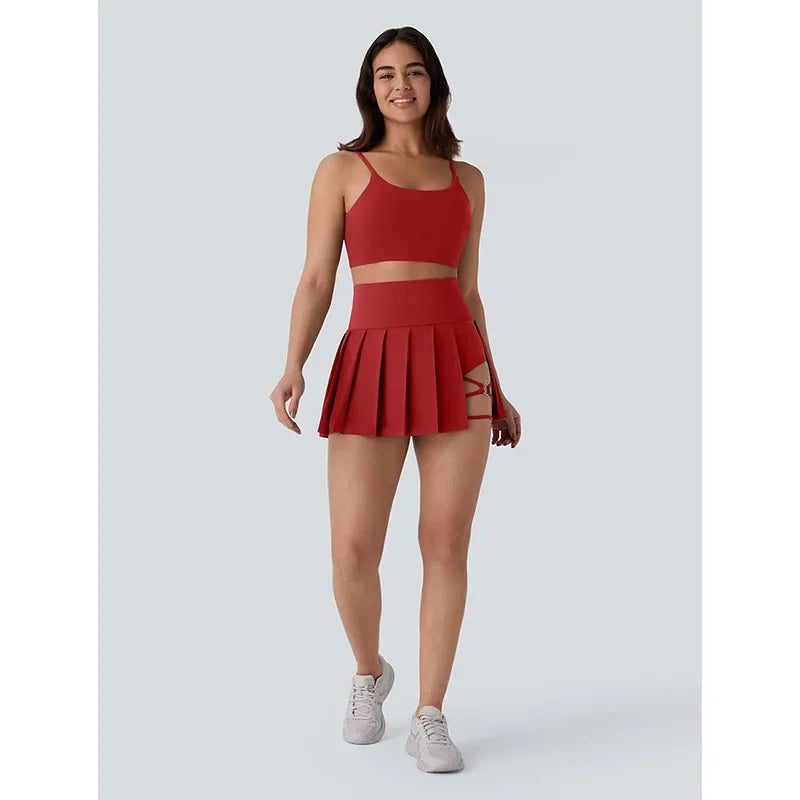 Women Inside Safe Shorts Tennis Skirts Red Cross Bandage Running Sports Pleated Skirt Woman High Waist Fitness Yoga Mini Skirts
