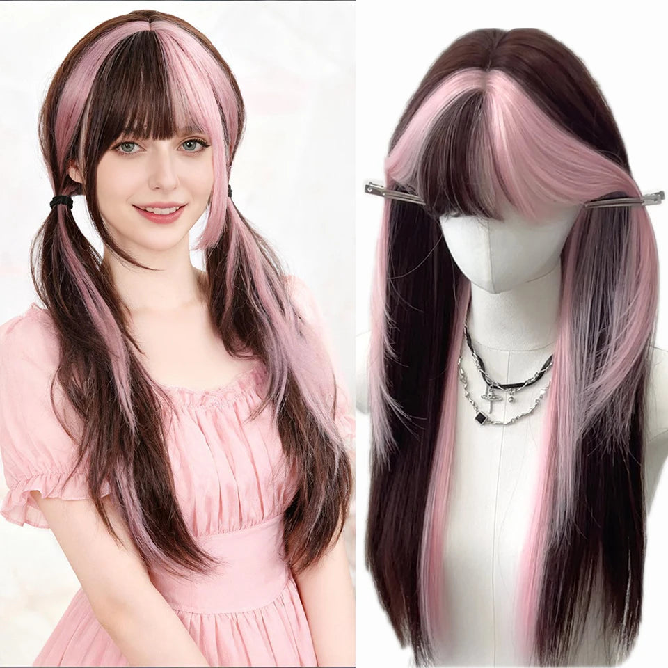 Ombre Pink Brown Wig for Women Cute Lolita Hair Wig with Bangs High Temperature Fibers Synthetic Wigs Headband Wigs for Cosplay