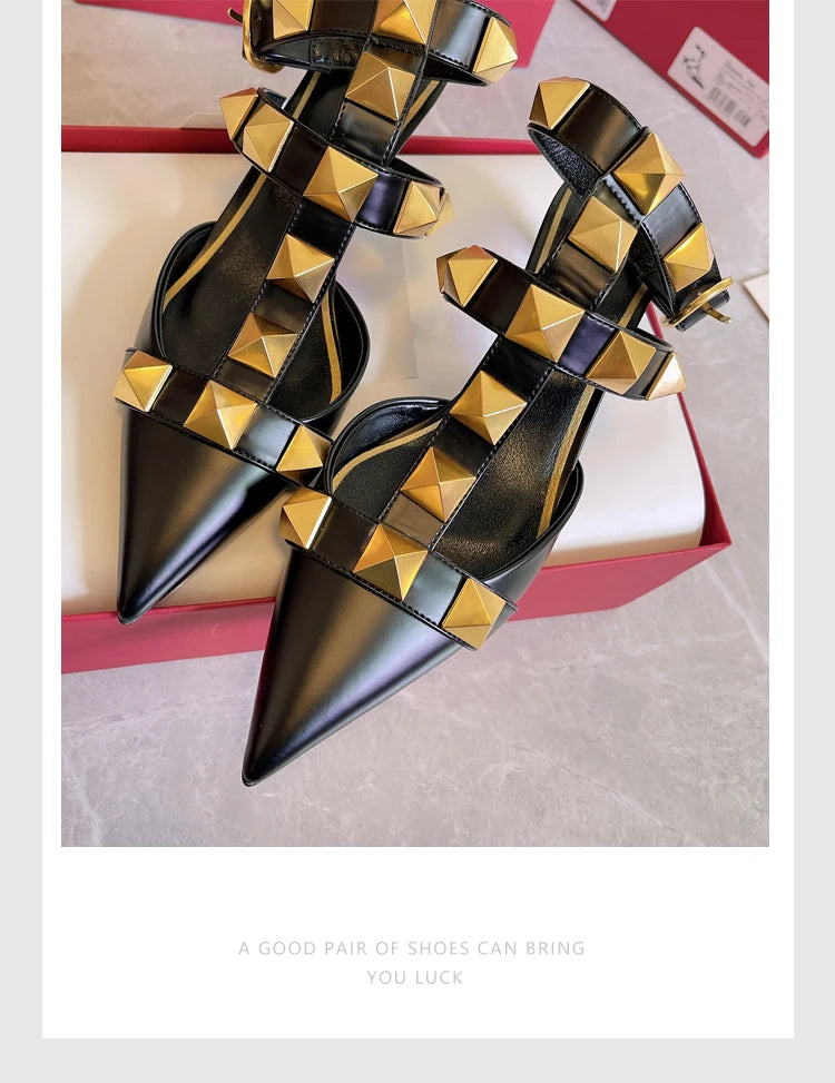 Women's Fashion Rivet High Heels 2023 Spring/Summer New Baotou Sandals Pointed Single Shoes