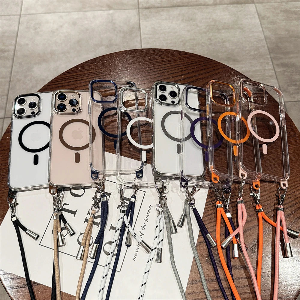 Crossbody Lanyard Necklace Transparent Magnetic For Magsafe Case for iPhone 17 15 11 12 13 14 16 Pro Max Plus Anti-lost Cover