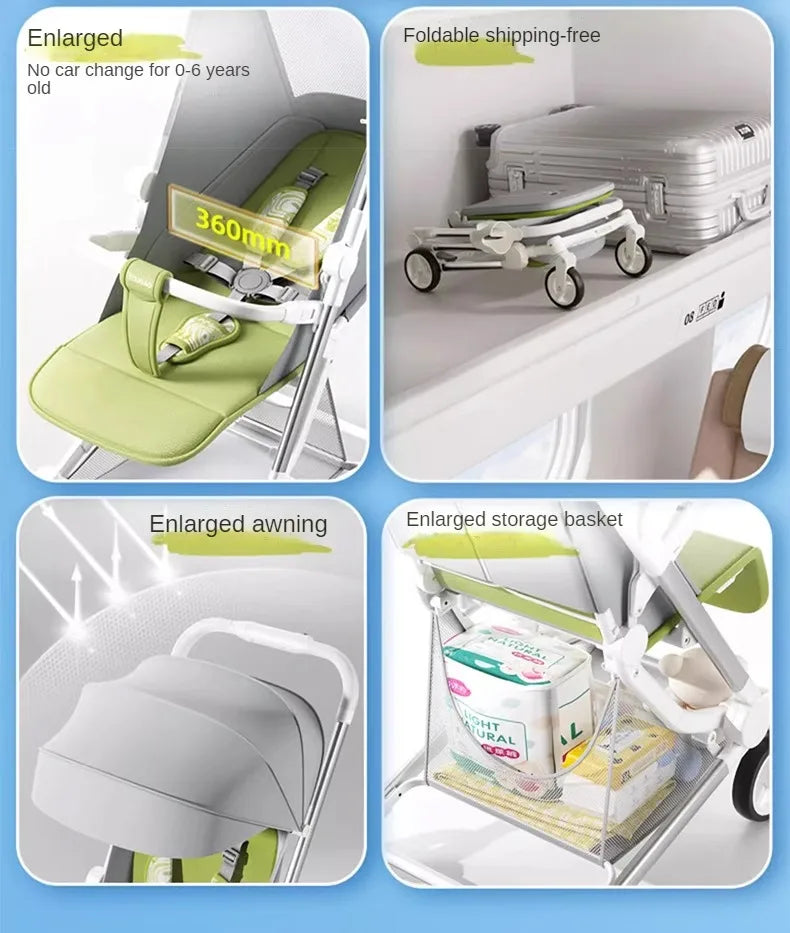 Foldable Four Wheels Cart Comfortable  Portable Lightweight Baby Stroller Can Sit or Lie Down Aluminum alloy Children's Cart