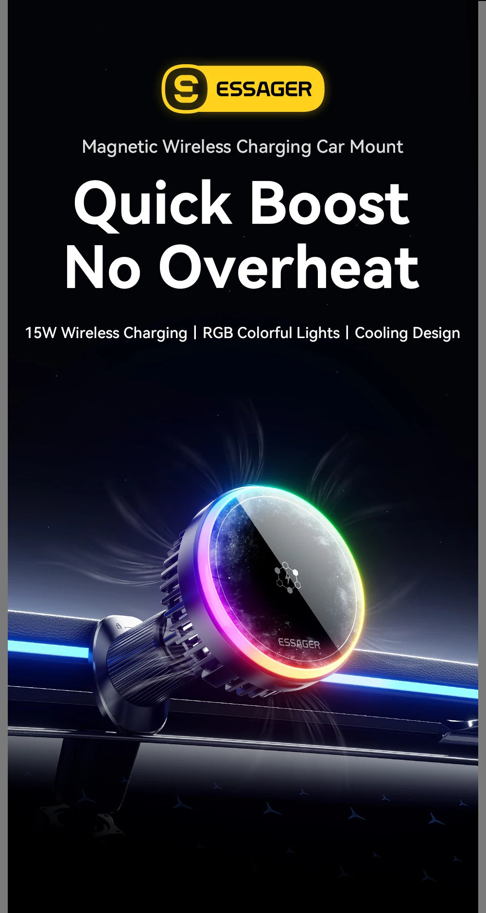 Essager Cooling Magnetic Car Wireless Charger 15W Fast Charging Station For Magsafe iPhone 16 Huawei 360° Roation Phone Holder