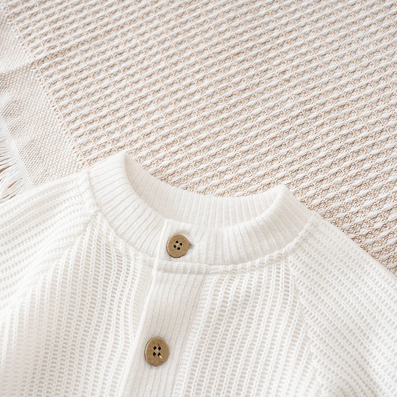 Spring and Autumn Knitted Newborn 2PCS Baby Onesie+Hats Minimalist Round Neck Button Comfortable Casual Raglan sleeve design