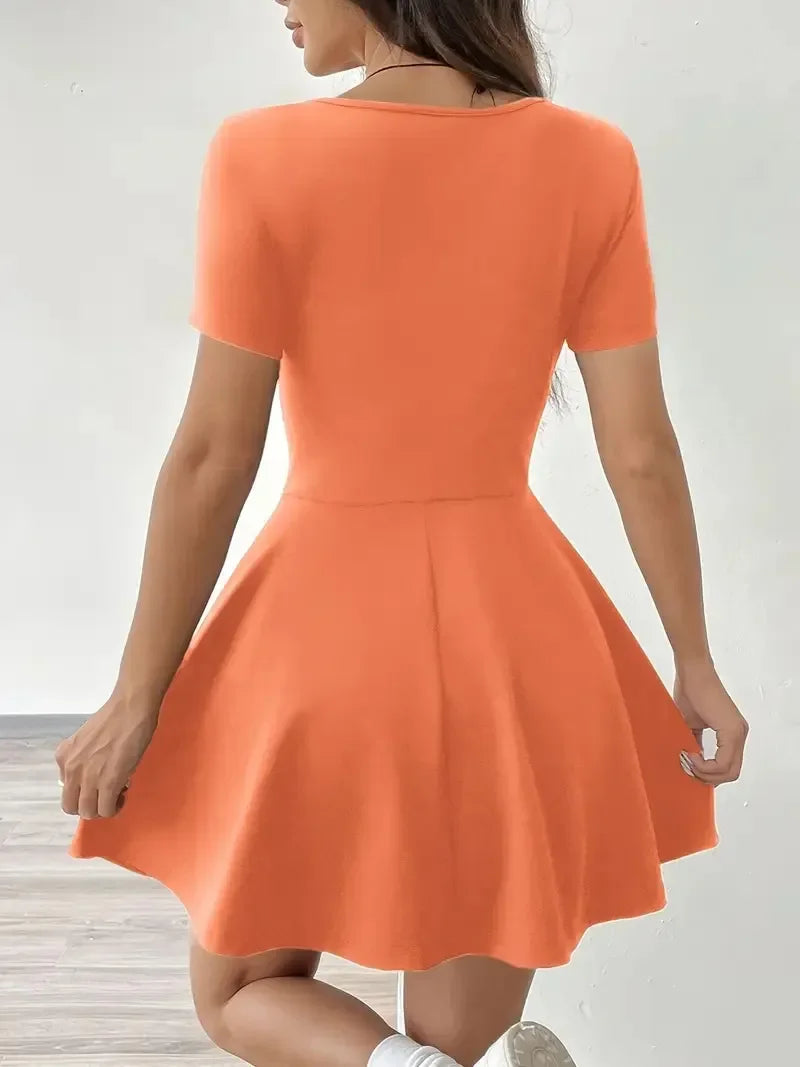 Summer 2025 Brown Knitted Short Casual Dress Mini Skirt Length Polyester Fiber Square Collar Empire Waistline Regular Sleeve