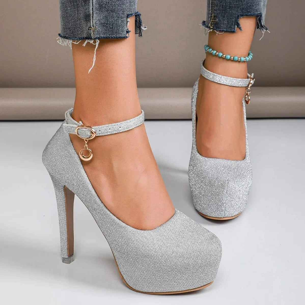 Spring Autumn New Style Waterproof Platform High Heels Thin Heel Silver Large Size Ultra High Heel Single Shoes for Women Show A