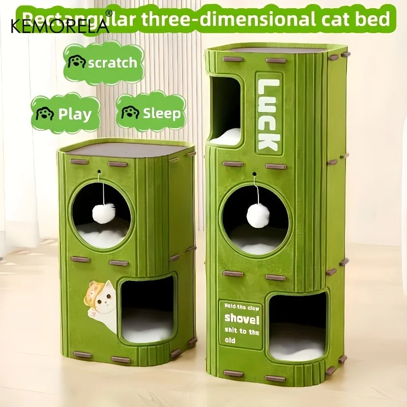 3D Tree-Shaped Cat Condo Large Space Pet Cat Tree with Scratching Posts & Hanging Toys Felt Space-Saving Detachable for Cats