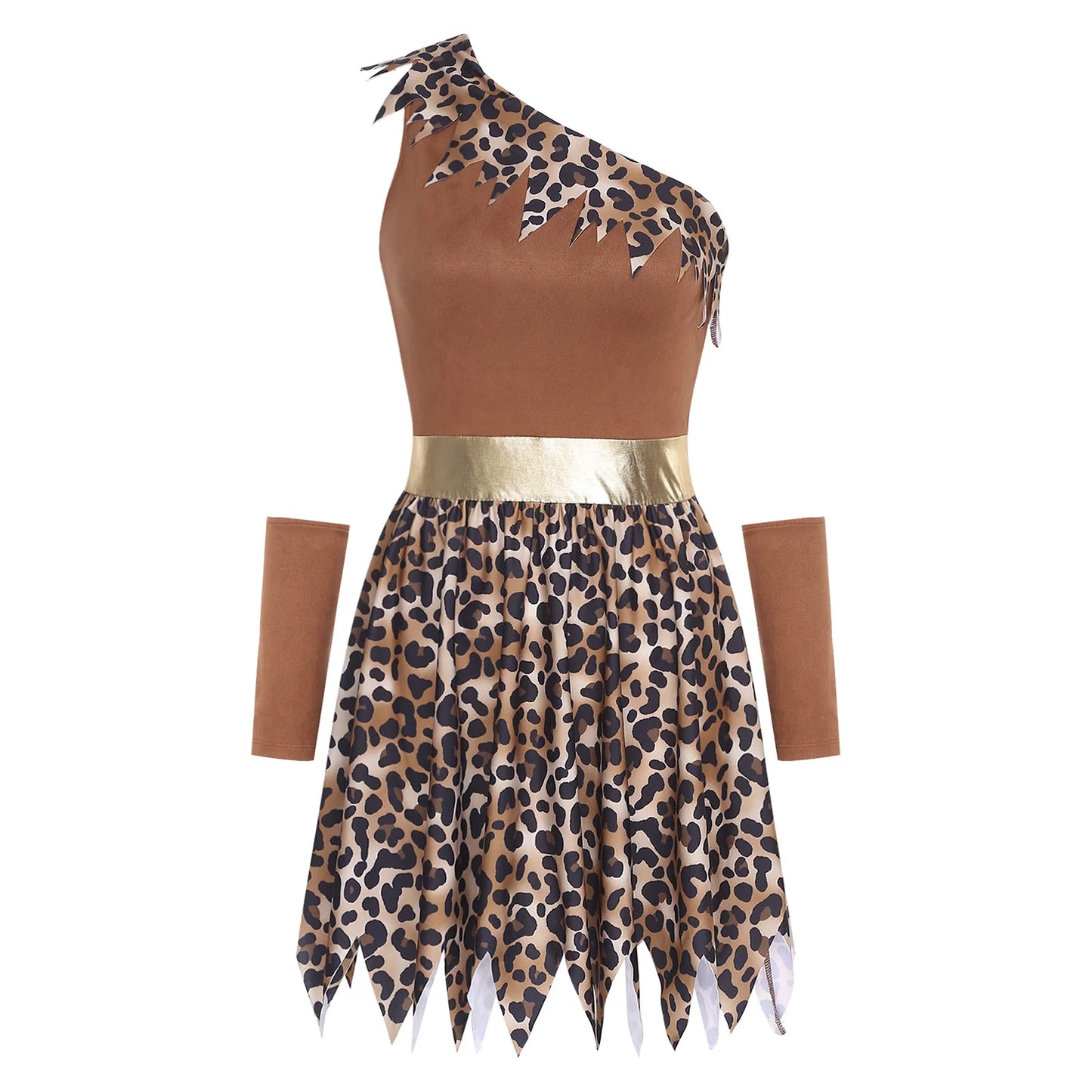 Women Halloween Prehistoric Cave Girl Costumes Print One Shoulder Jagged Hem Dress and Oversleeve for Role Play Theme Party