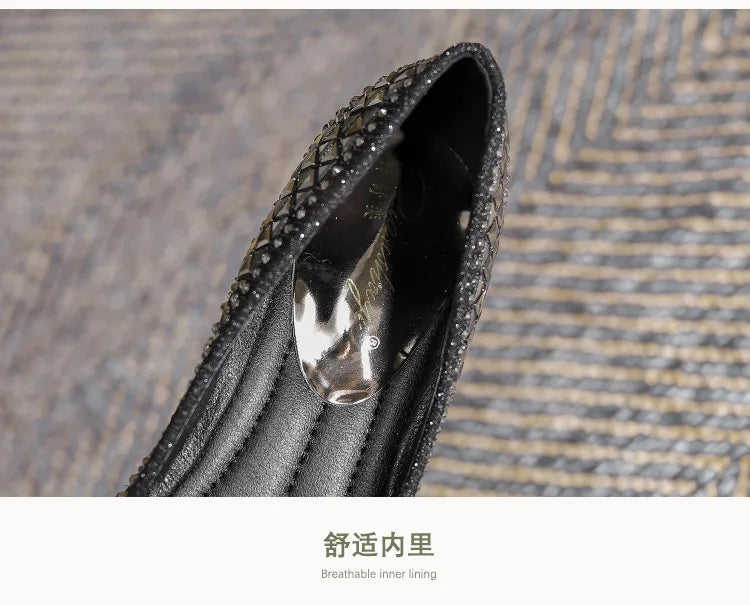 Sequines Cloth Gold rivets pumps women pointed toe glitter med-high heels shoes metal heeled female tacones elegant OL shoes
