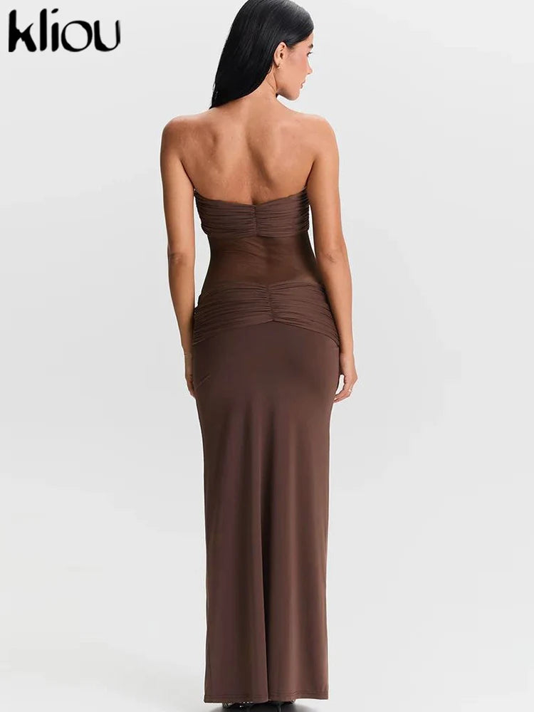 kliou Mesh Suspendency Women Maxi Dress Sexy See Through Tied Patchwork Low Neck Backless Bodycon Female Fashion Party Vestidos