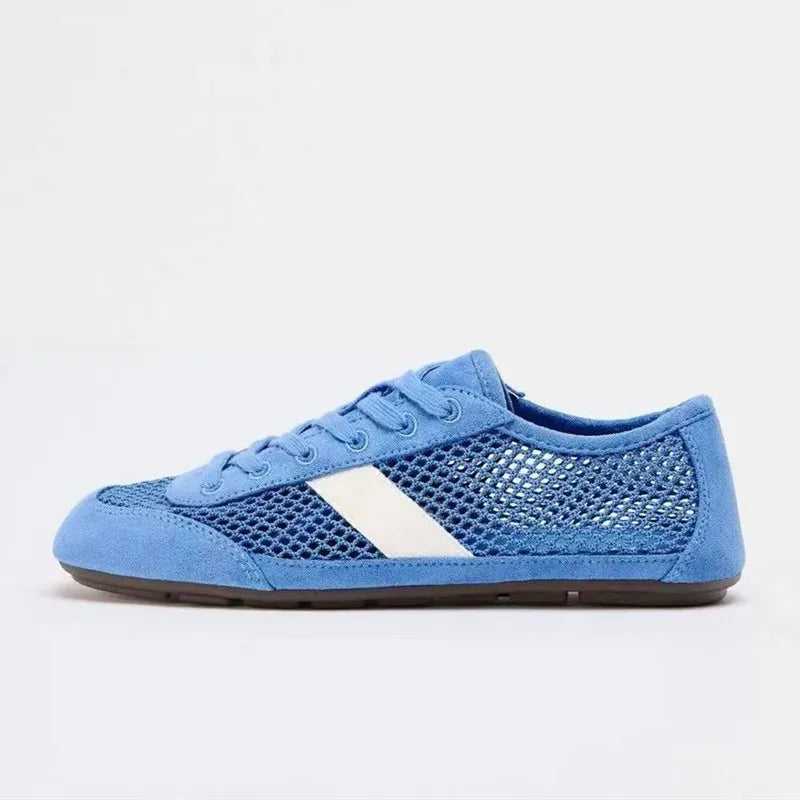 Mesh Breathable Lacing Flat Sneakers Women Lightweight Hollow Derby Sports Shoes Summer Autumn Running Shoes Cozy Ballet Flats