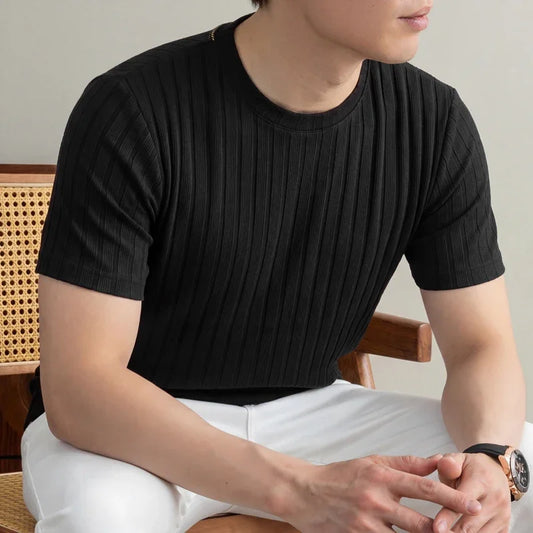Men's Minimalist Crew Neck Ribbed T Shirt Comfortable Elastic Fabric Short Sleeve For Office And Casual Wear