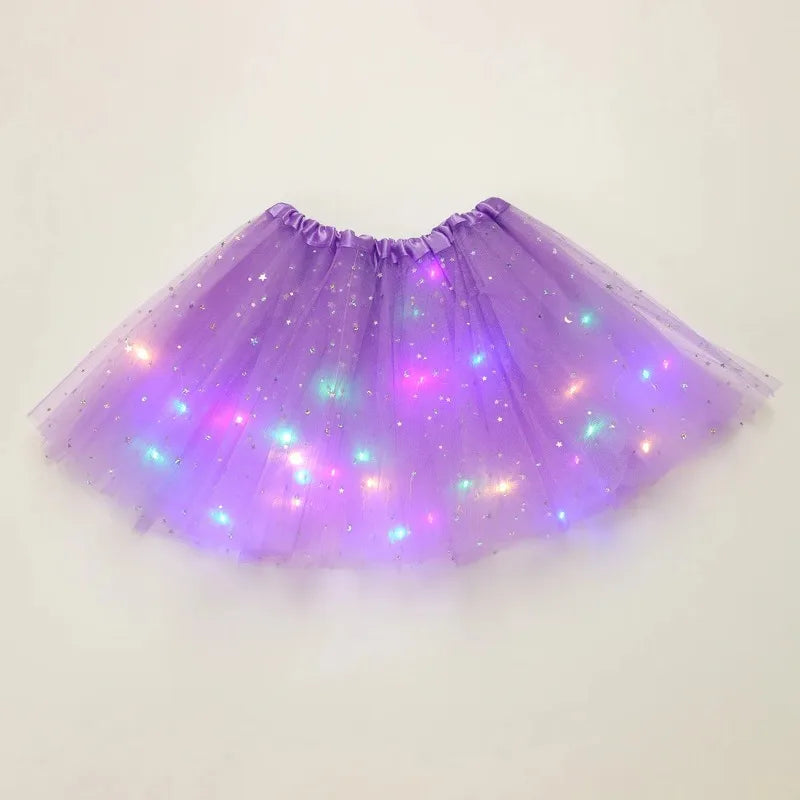 Children's Star Sequined LED Light-Up Tutu Skirt Halloween Carnival Party Girls' Glowing LED Skirt Half-Skirt Mesh Dress Costume