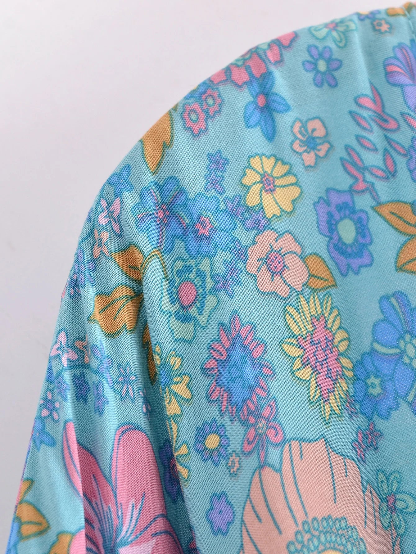 BOHO Women Blue With Pink Flower Print Kimono Shirt Holiday Tide Bow Sashes Mid Long Cardigan Summer Blouse Beach Cape