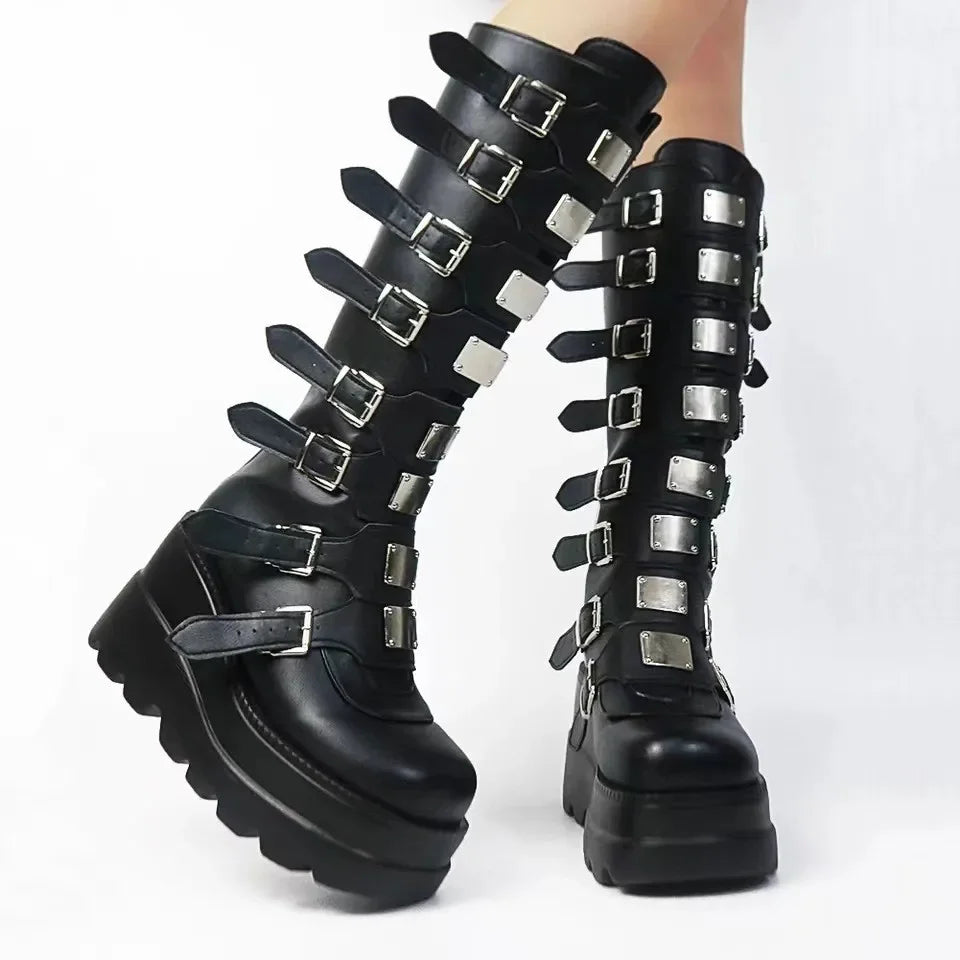 Flat Platform Zipper Women's Rubber Shoes Women Round Toe Knee High Boots Punk Motorcycles Boots Cosplay Cool Girls