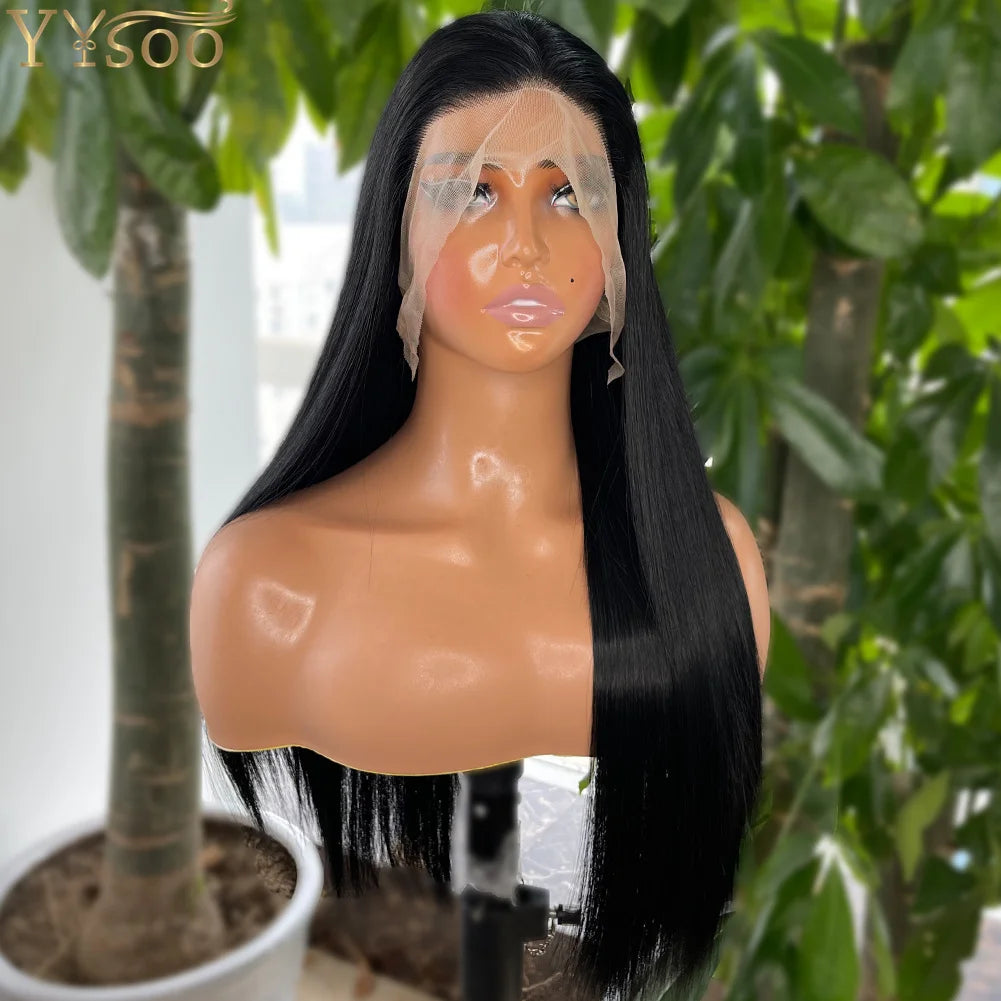 YYsoo 1# Long Silky Straight Dark Black Synthetic Full Lace Wigs for Women Heat Resistant Japan Futura Hair All Hand Tied Wig