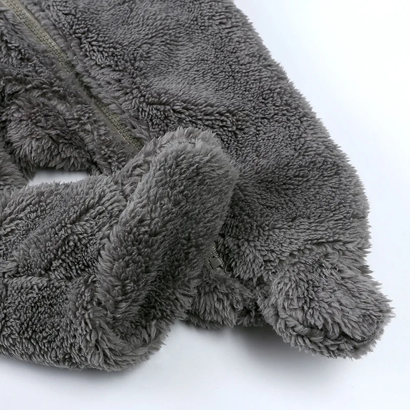 2025 Warm Footed Baby Romper Zipper Closure Fall Newborn Bear Ear Hooded Fuzzy Onesie Outfit Infant Boys Girls 100 Days Jumpsuit