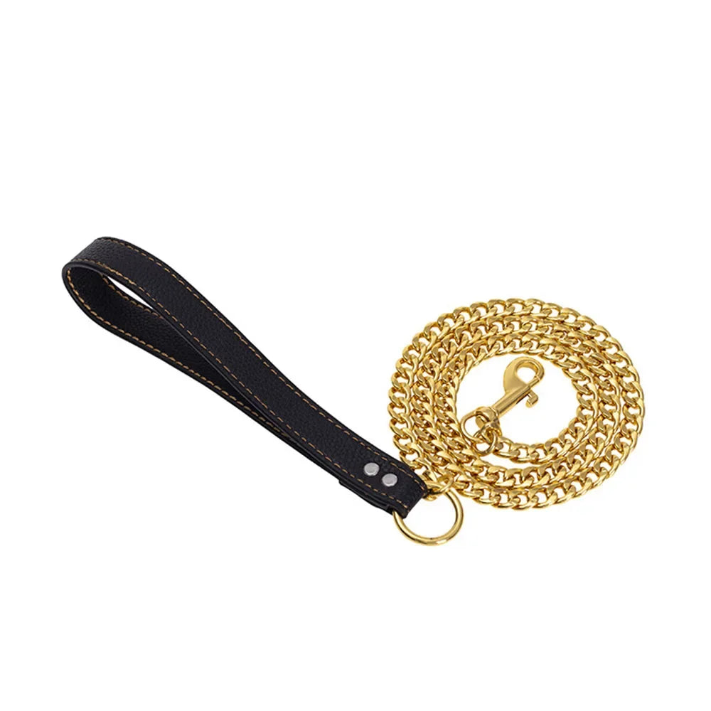 Stainless Steel Gold Chain Dog Leash Metal Chew Proof Heavy Duty Dog Leash Chain with Leather Padded Handle for Large Medium Dog