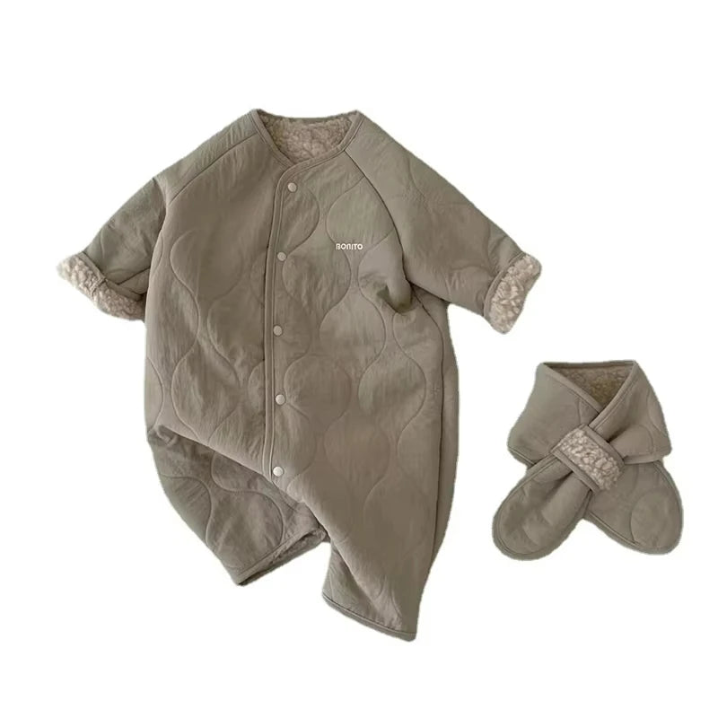 Korean Baby Jumpsuit Scarf Set Autumn Winter Lamb Wool Romper for Boys Girls Toddler Infant Clothes Loose Newborn Onesie 2Pcs