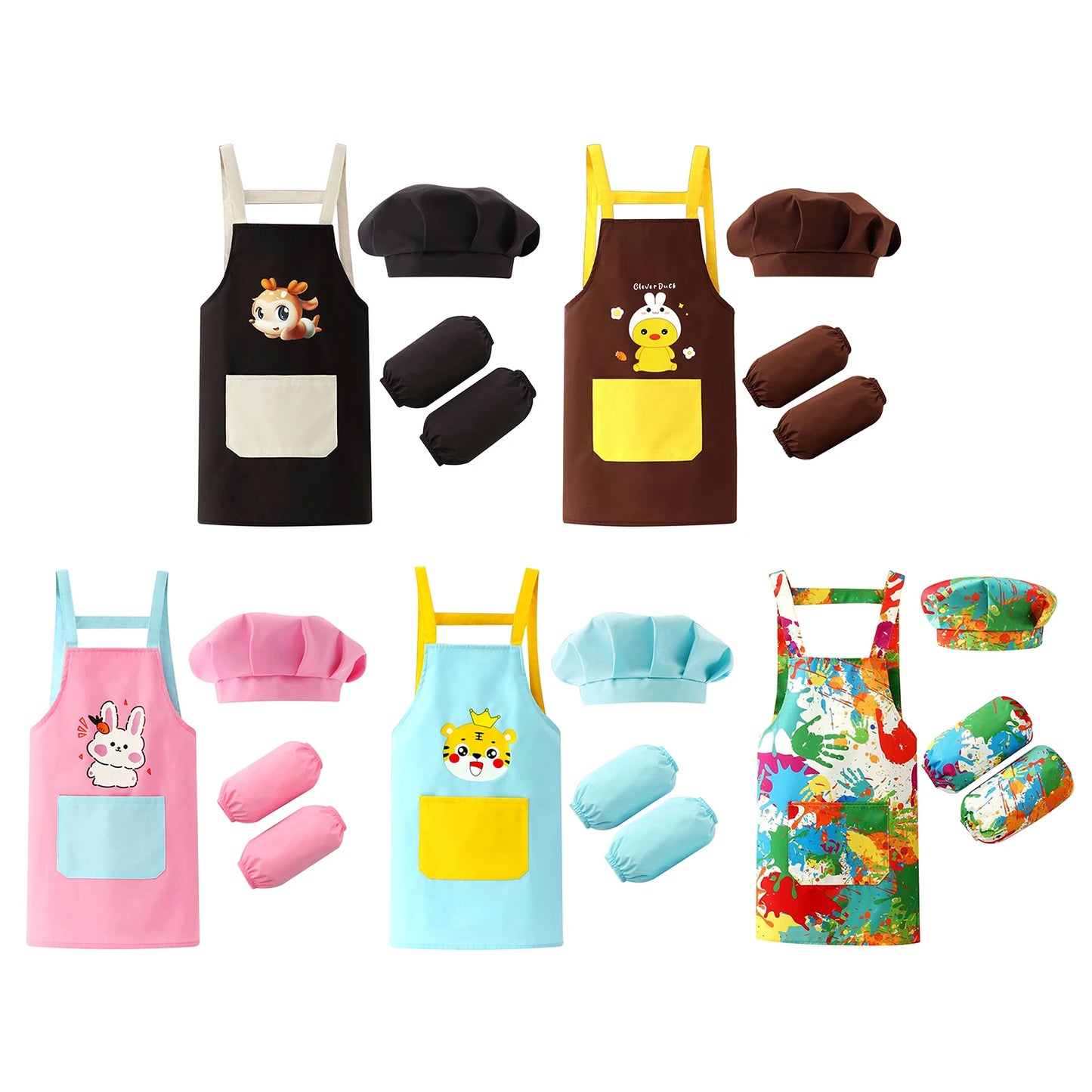 Kids Artist Costume Accessories Set Painter Dress-Up with Hat Animals Pattern Apron Arm Sleeve for Halloween Career Day Costume