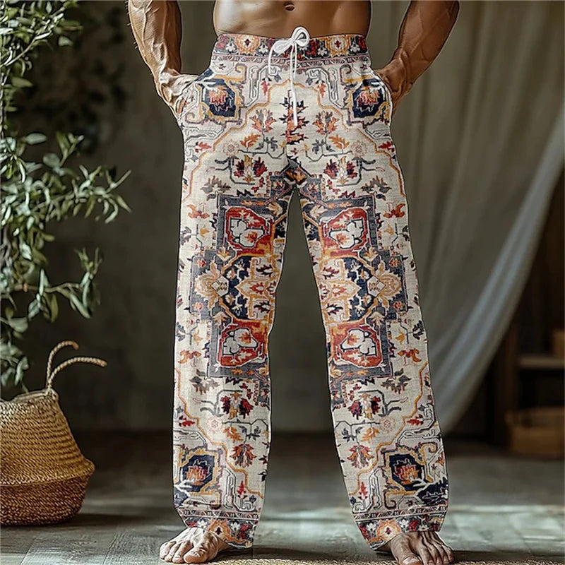 New men's loose fit casual pants with 3D printed geometric patterns, fashionable and comfortable wide leg pants