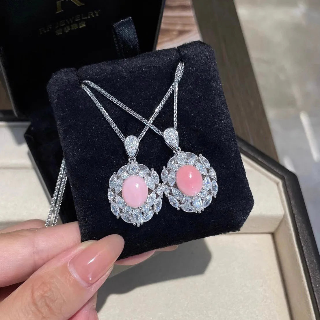 Exquisite luxury Design Jewelry Sets with Pink Quartz Zircon Pendant Necklaces Earrings Silver Color Rings Wedding 3 Piece Set