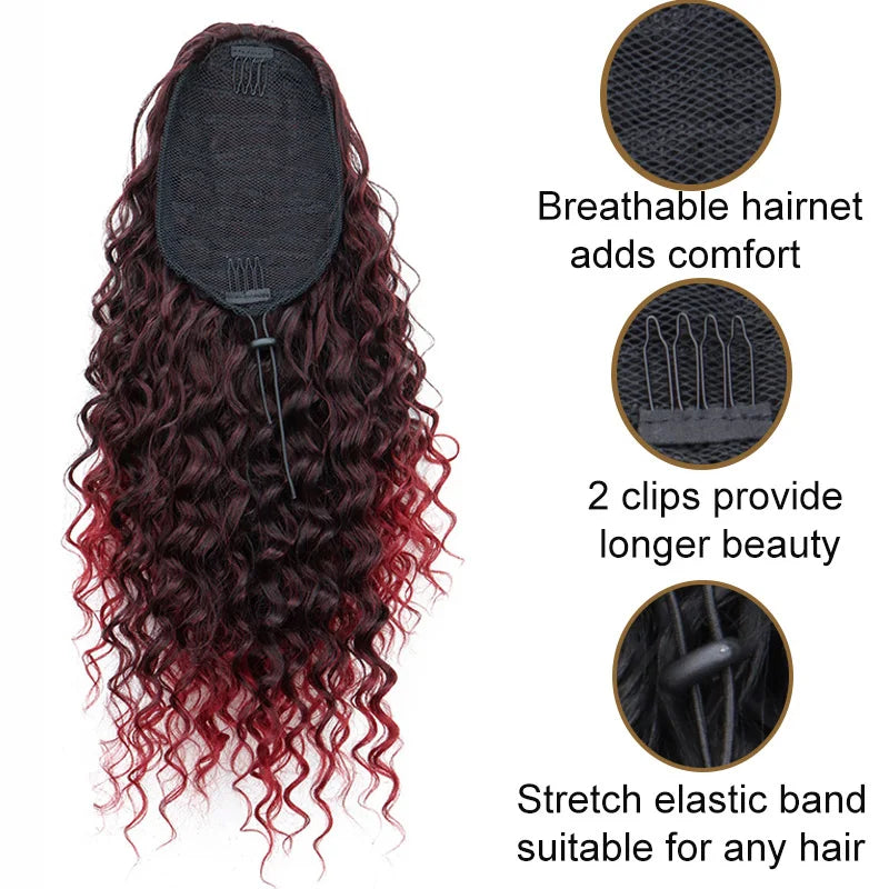 Synthetic 18Inch Long Kinky Curly Ponytail Drawstring Clip in Hair Extension Puff Afro Black Brown Hairpiece for Women