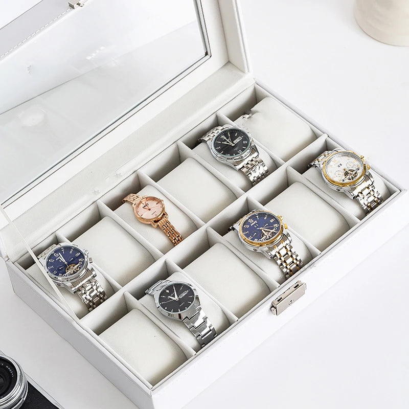 Wood Professional Watch Box Holder Storage Case Organizer White Simple PU Leather Watch Display Box Jewelry Packaging & Display