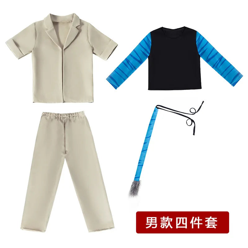 Halloween Avatar Costume Boy Girl Carnival Purim Party Stage Performance Clothes Set Movie Avatar with Tail Jumpsuits