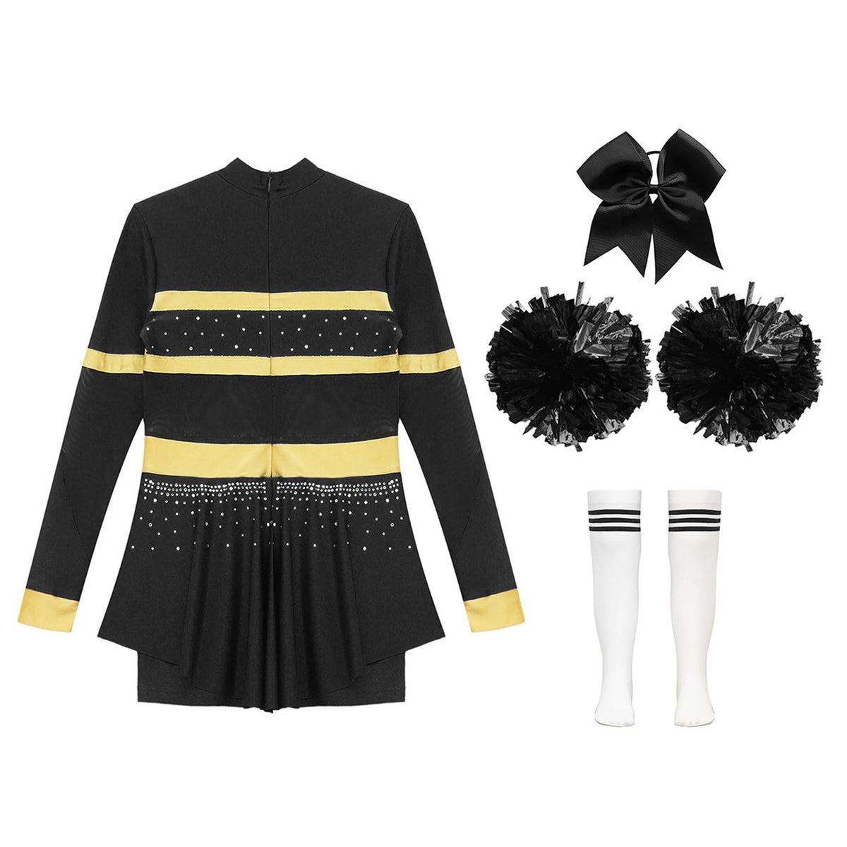 Girls Cheerleader Costume Long Sleeve Cheerleading Uniform Children Cheer Dance Dress Hand Flower Socks Stage Dancewear Sets