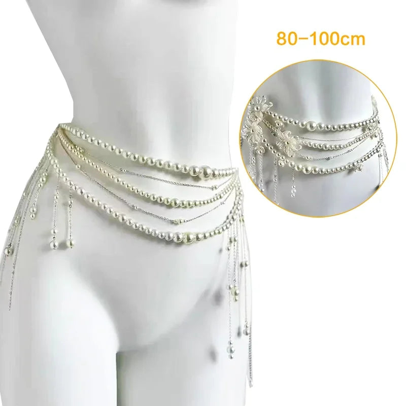 Sexy Geometric Pearl Waist Chain For Women Flower Tassel Double Layer Beads Chain Belt Streetwear Summer Fashion Body Jewelry