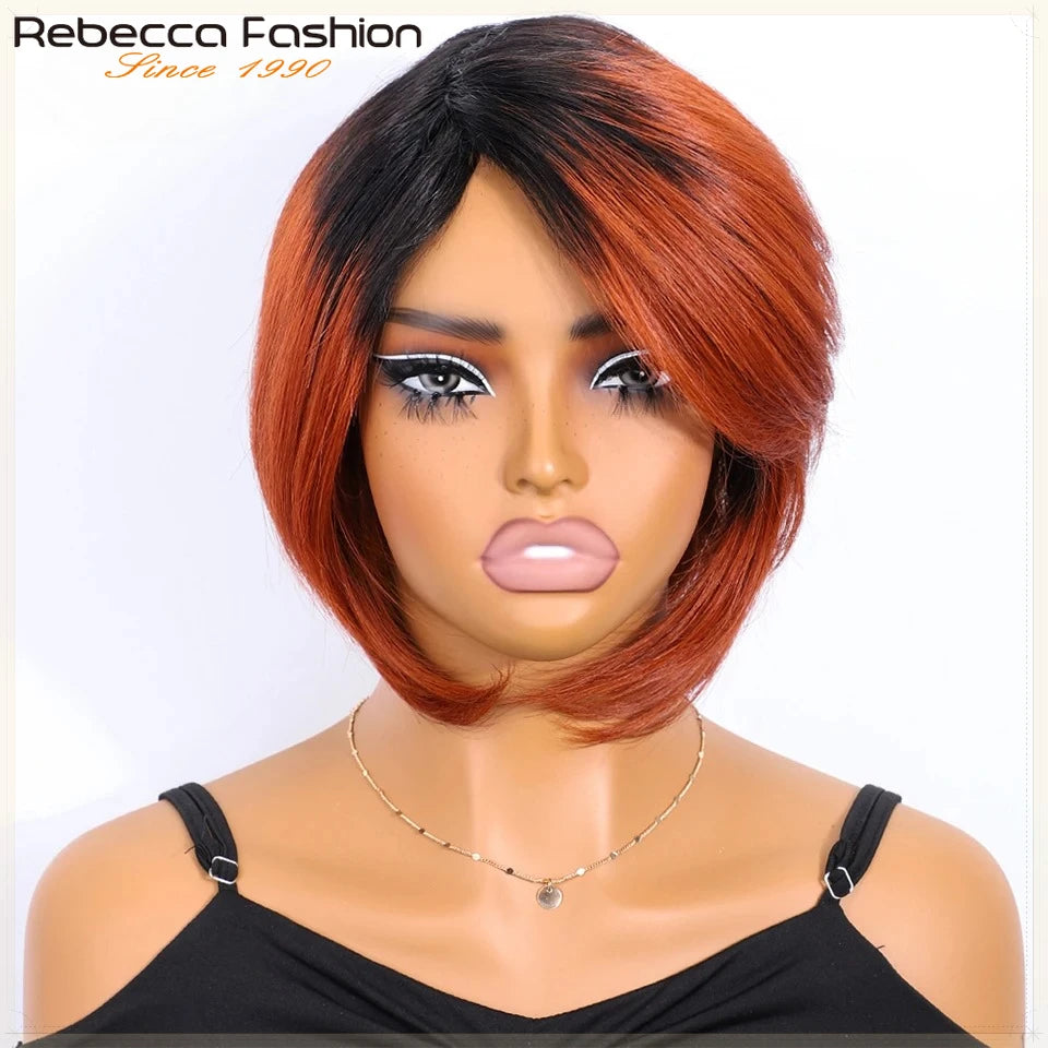Short Straight Bob Human Hair Wigs With Bangs Full Machine Made Side Part Bob Human Hair Wigs For Women Beginner Friendly