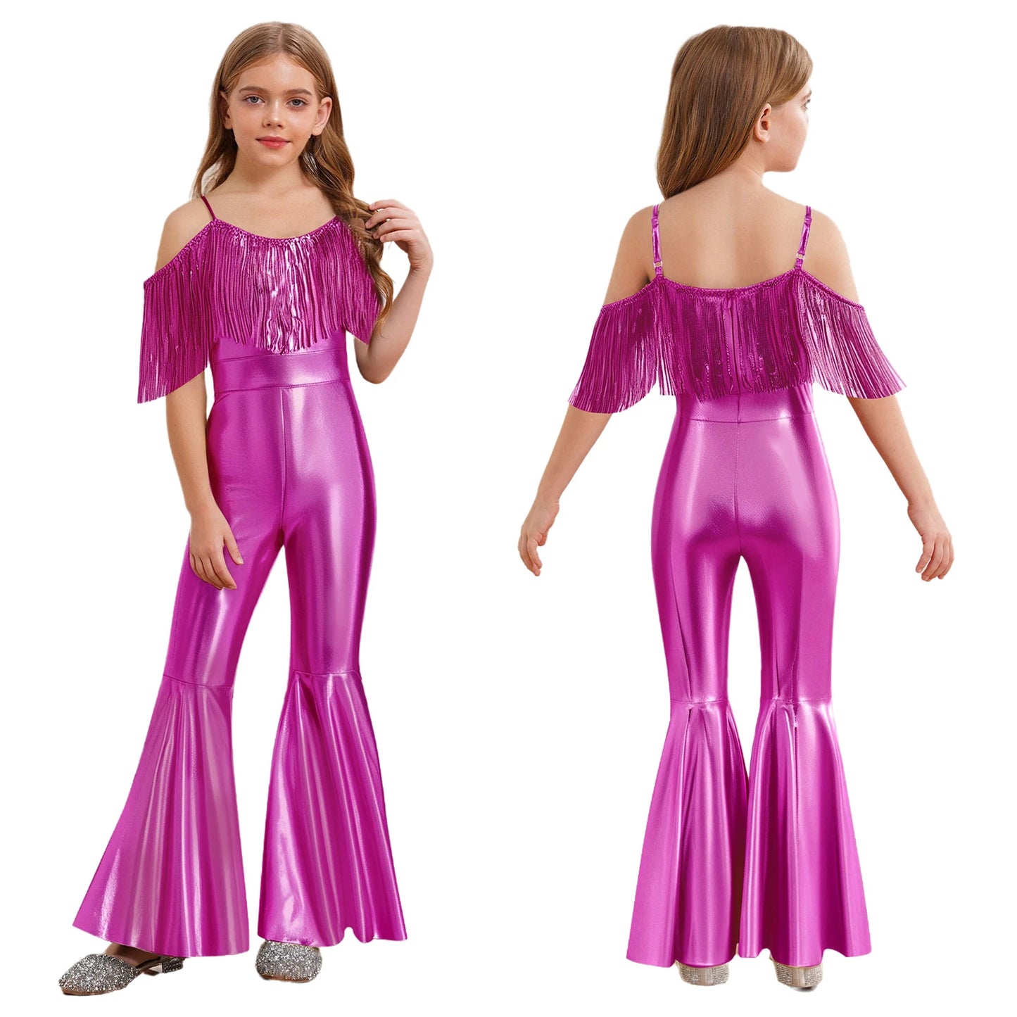 Shiny Halloween Hippie Costume for Kid Girls Sleeveless Sequins Tassels Disco Outfit 70s 80s Prom Flare Jumpsuit Party Costume