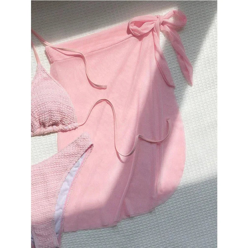 Pink Solid Color 3-piece Swimsuit Women 2026 Summer Beach Skirt Bikini V-neck Halter Backless Bathing Suit Summer Beach Swimwear