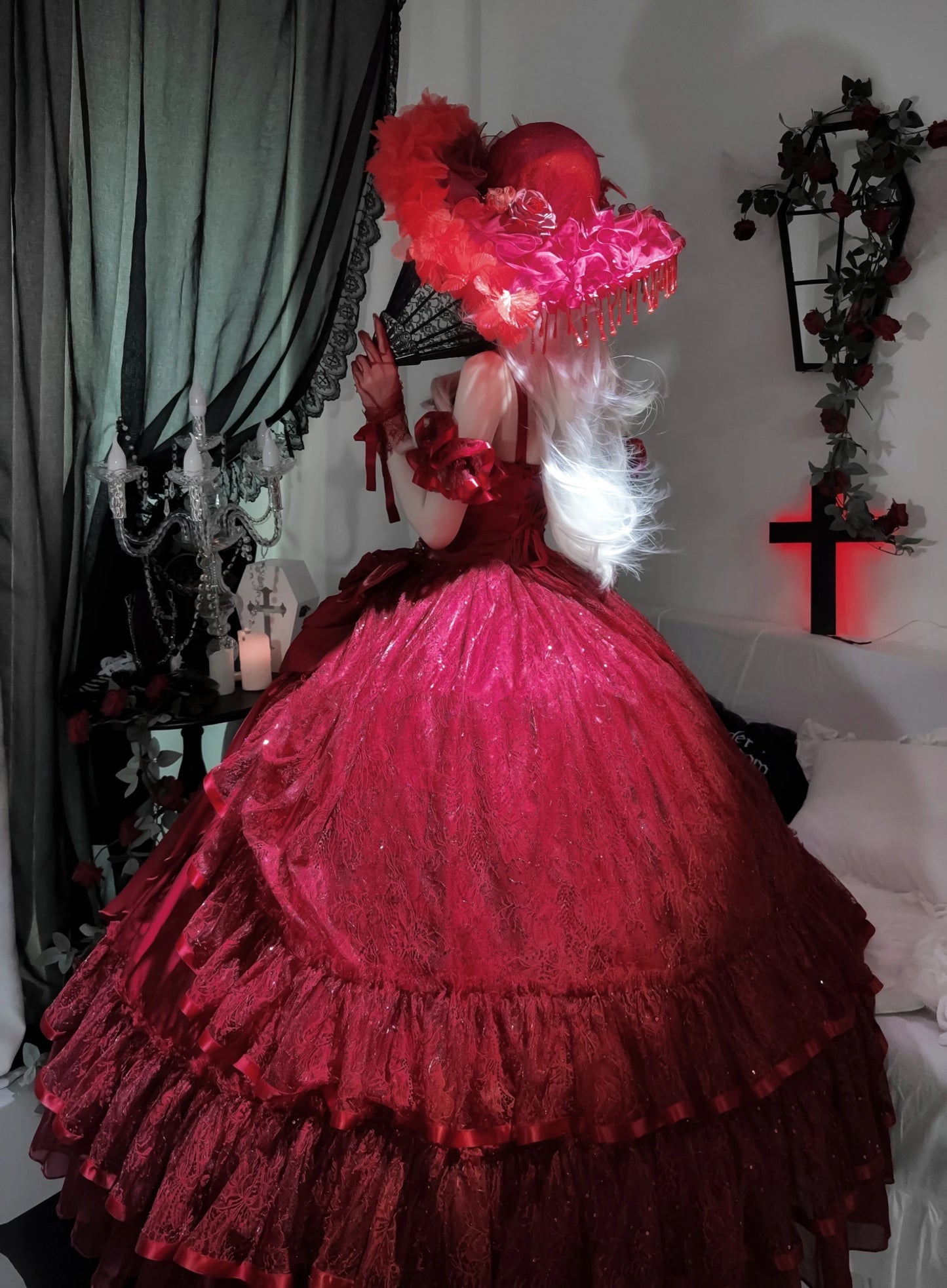 Original Burgundy Fish Bone Flower Wedding Dress Lolita Girl Women's Fairy Lace Bow Slim Maxi Long Party Birthday Dresses