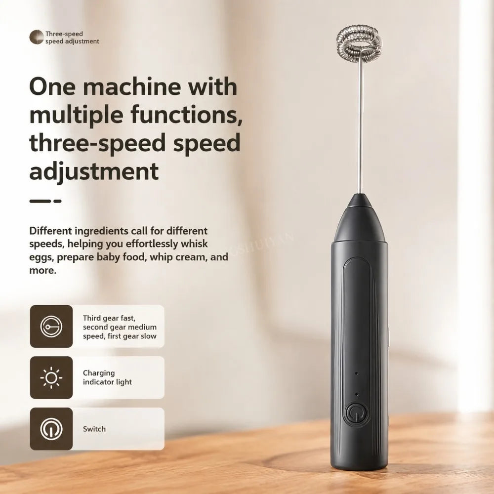 Electric Coffee Frother 2 In 1 Rechargeable Type-C Blender Stainless Steel 3 Speeds Milk Mixer Egg Beater Handheld Foam Maker