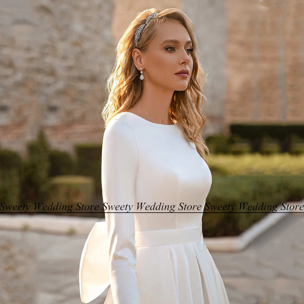 Satin Wedding Dress Muslim Bridal Dresses Customized Long Sleeve Sweep Train A Line Bride Gown Robe Mariee Vestidos De Novia