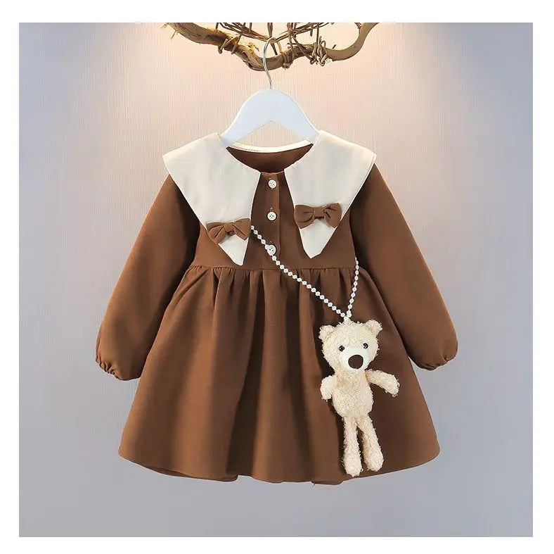 Spring and Autumn Girls' Baby Dress New Children's Fashionable Doll Neck Long Sleeve Dress Red Girls' Princess Dress