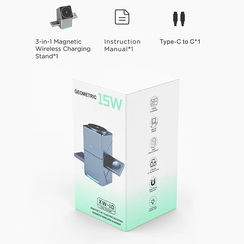 Rotating Qi2 3in1 15w Magnetic Wireless Charger Stand For iPhone 16 15 14 13 12 Max  iWatch Airpods Fast Charging Dock